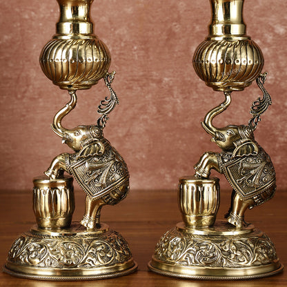 Pair of Brass Superfine Jumping Elephant Peacock Lamps - Intricately Handcrafted - 11.5" Tall