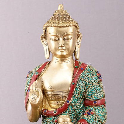 Brass Buddha Statue with Stonework - 12 inch