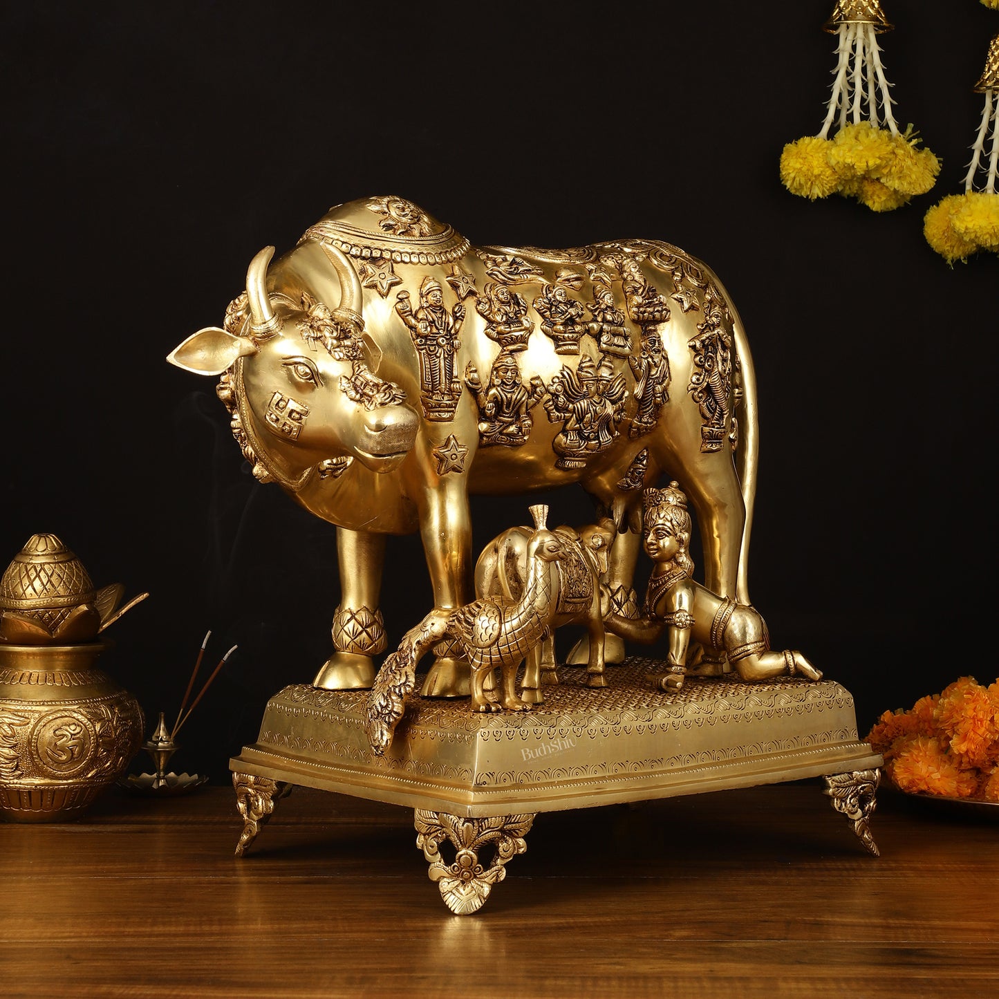 Brass Handcrafted Large Cow with Calf and Hindu Deities 20 inch