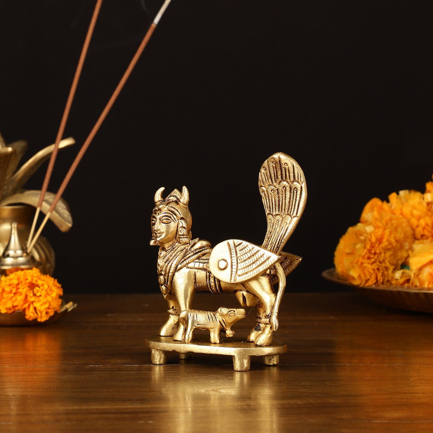 Pure Brass Superfine Kamadhenu Cow with Calf Idol - 3.5" Divine Sculpture