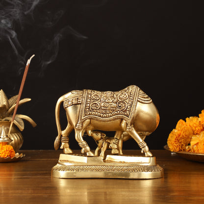 Pure Brass Superfine Kamdhenu Cow with Calf Idol - 7" Divine Sculpture