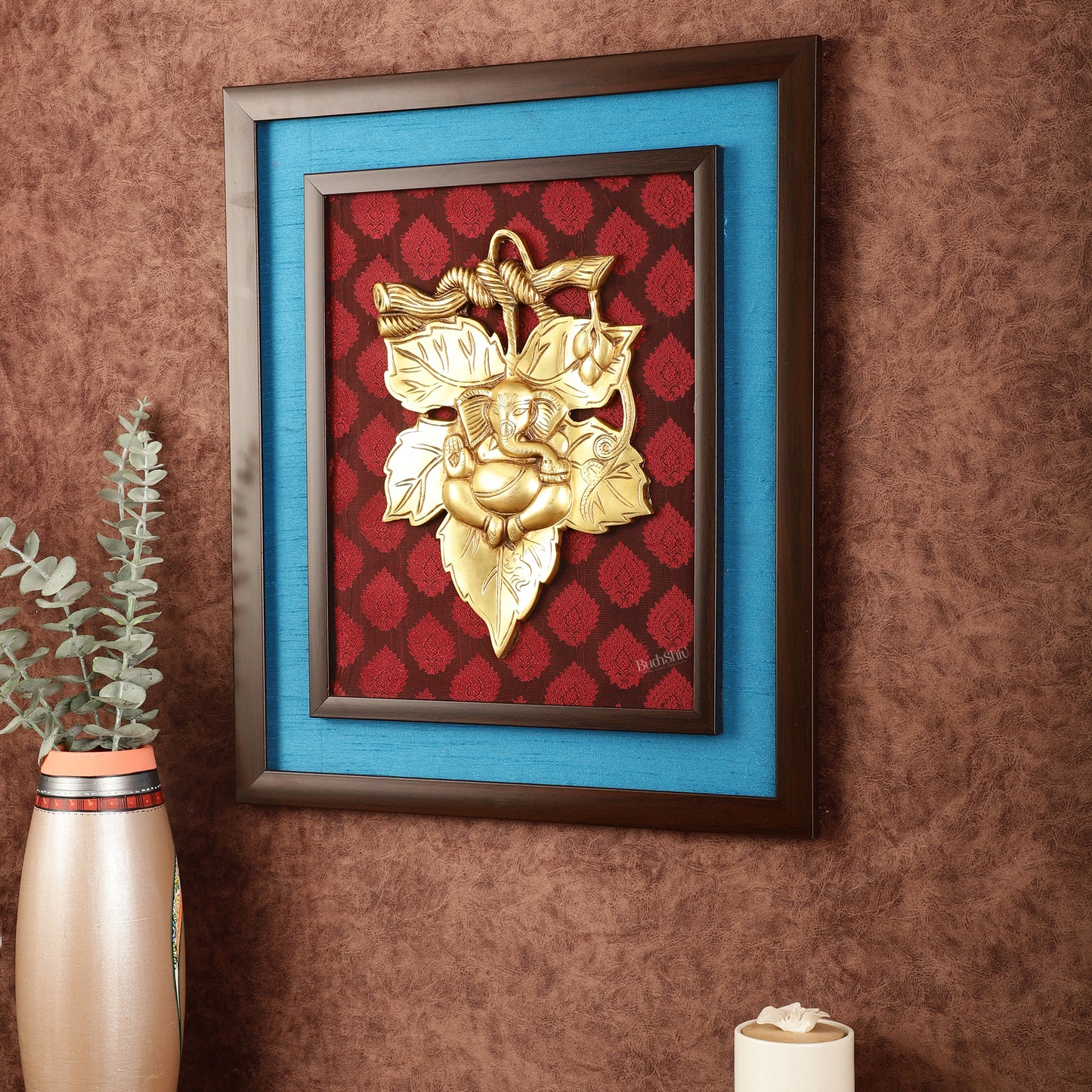 Brass Ganesha Mural on Wooden Frame with Premium Fabric - 18.5" x 16"