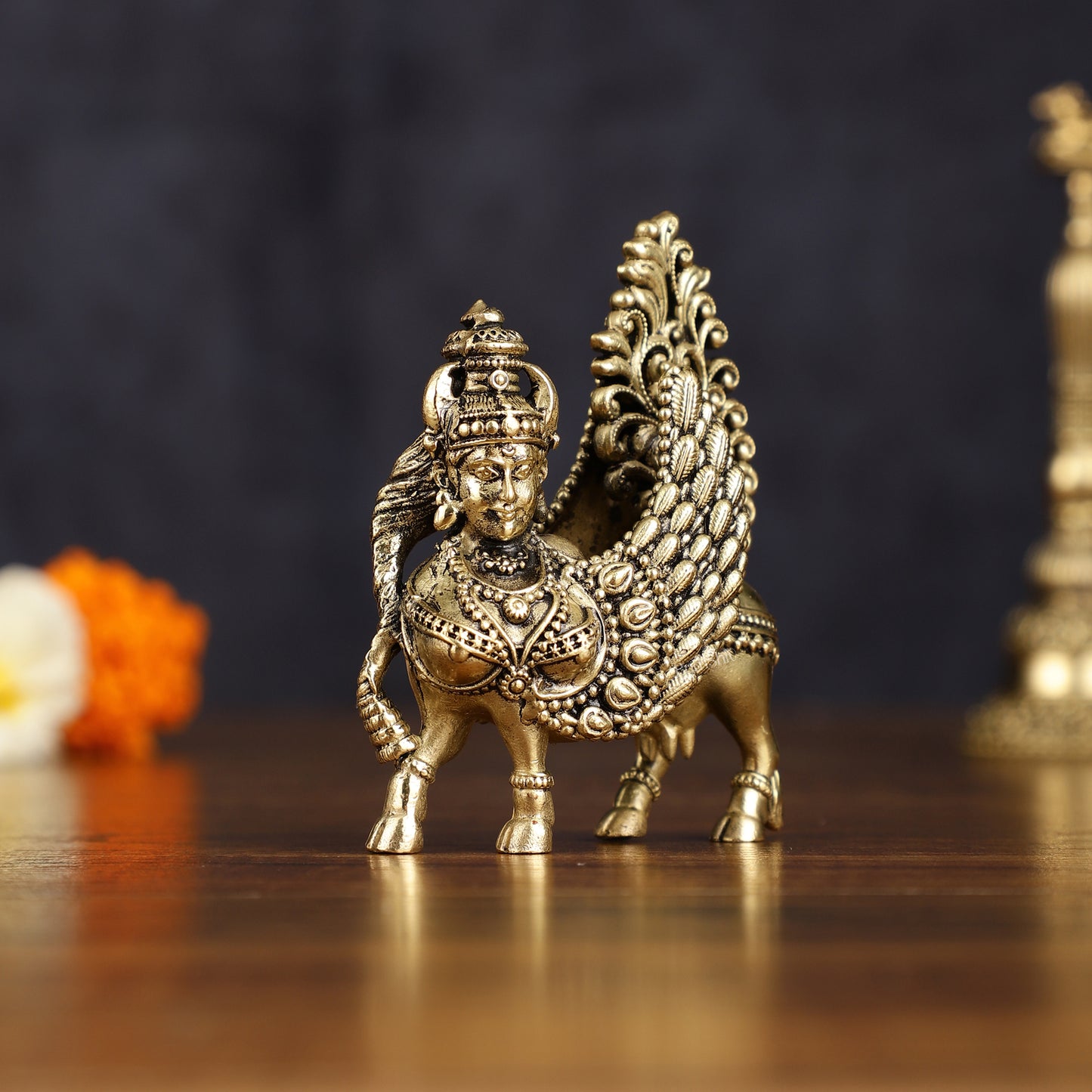 Pure Brass Superfine Kamadhenu Cow with Wings - Intricate Statue 3"