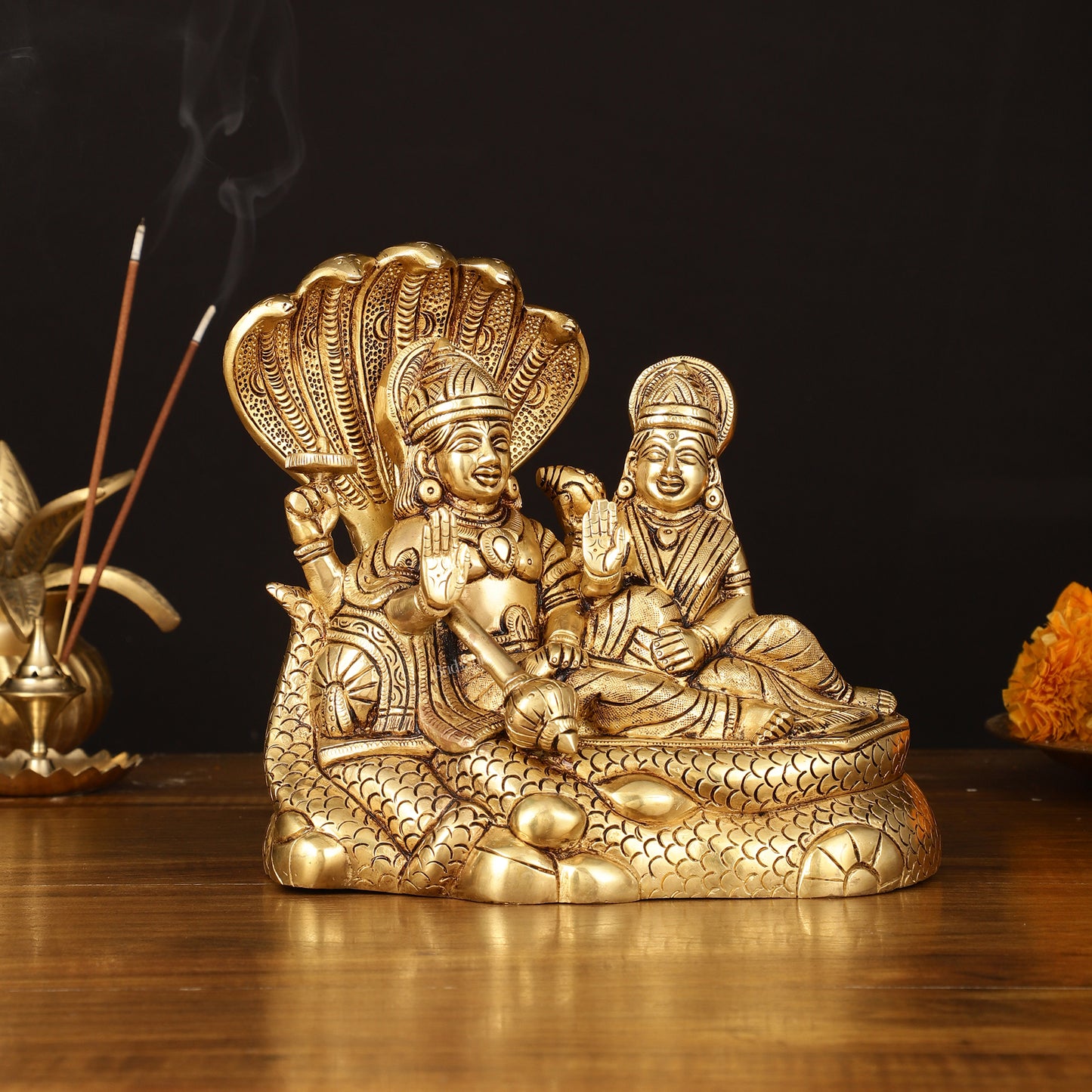 Brass Superfine Vishnu Lakshmi on Sheshanaag Idol - 7.5" Height