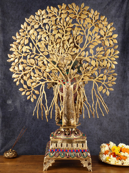 Krishna Superfine Brass Idol with Kalpavriksha Tree | Multicolour Stonework