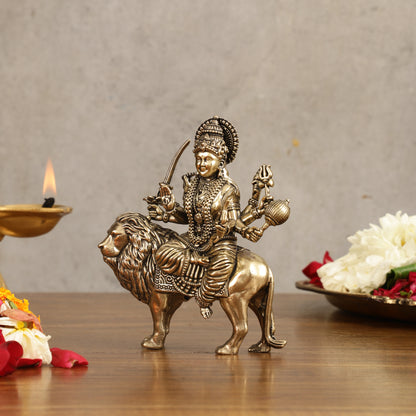 Pure Brass Superfine Durga on Lion Idol - 4 in Height