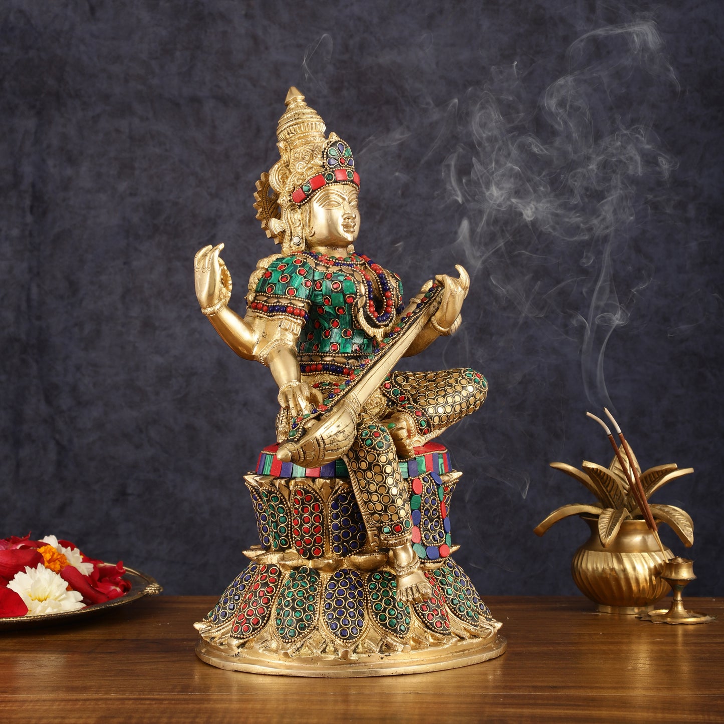 Brass Saraswati Statue | 14.5" Height | meenakari