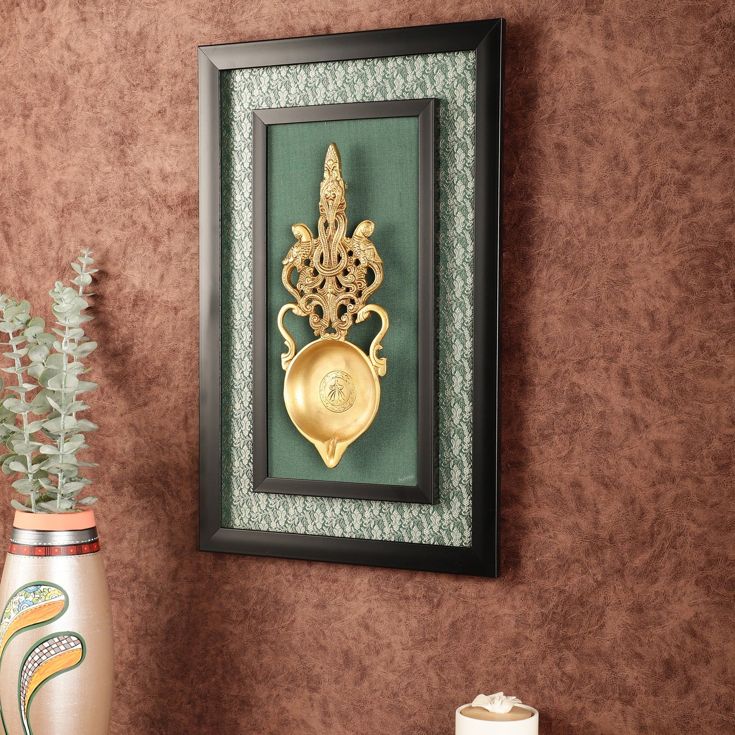 Unique Brass Diya on Wooden Frame with Premium Fabric | 18.5 Inch Wall Hanging