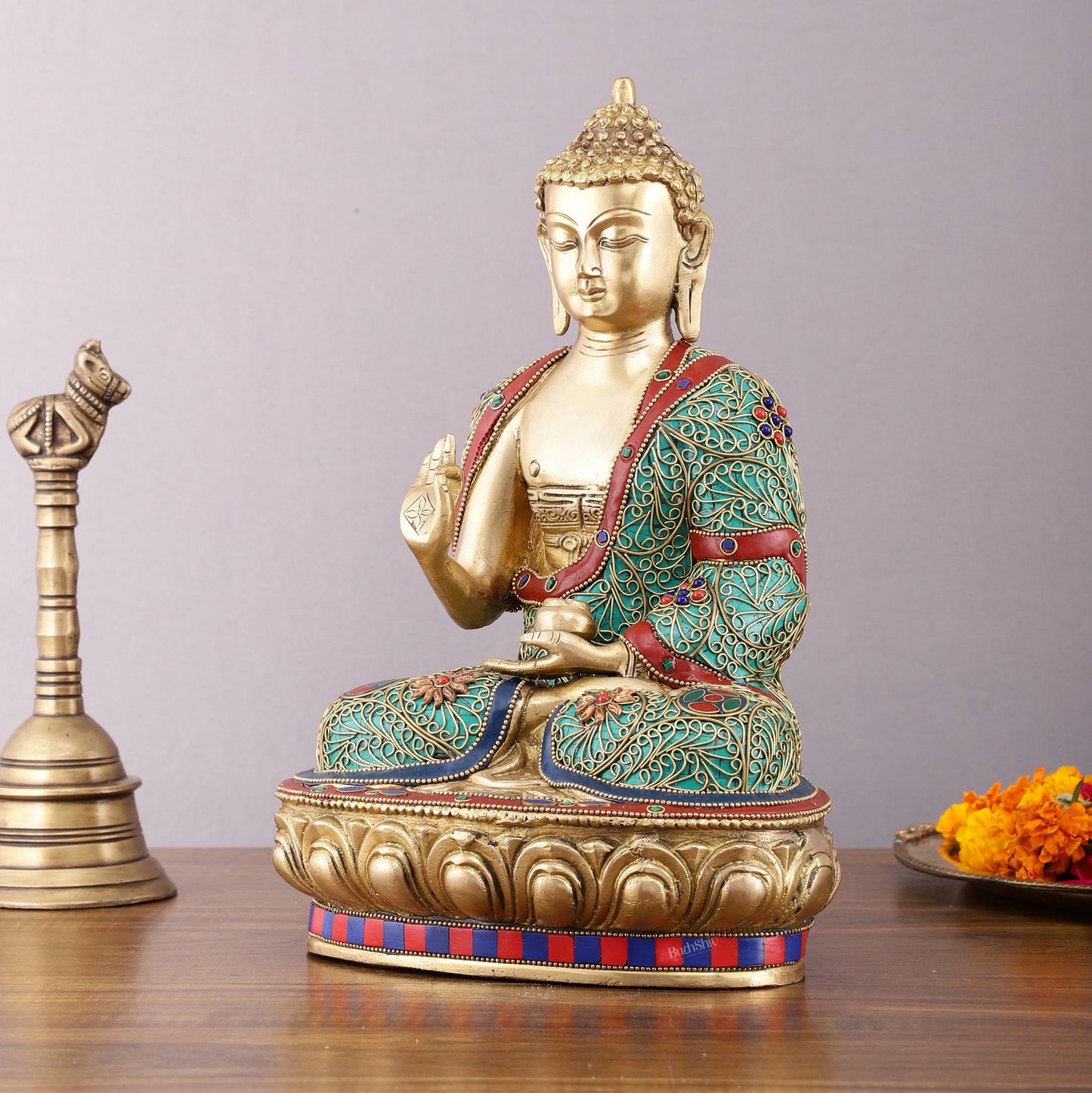 Brass Buddha Statue with Stonework - 12 inch