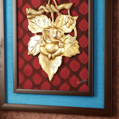 Brass Ganesha Mural on Wooden Frame with Premium Fabric - 18.5" x 16"