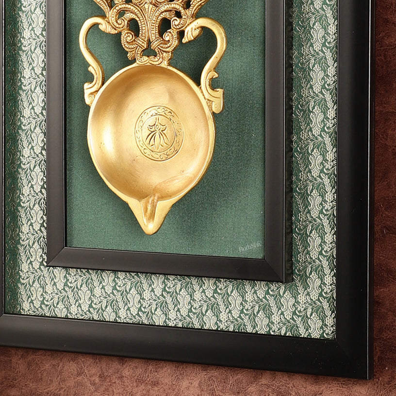 Unique Brass Diya on Wooden Frame with Premium Fabric | 18.5 Inch Wall Hanging