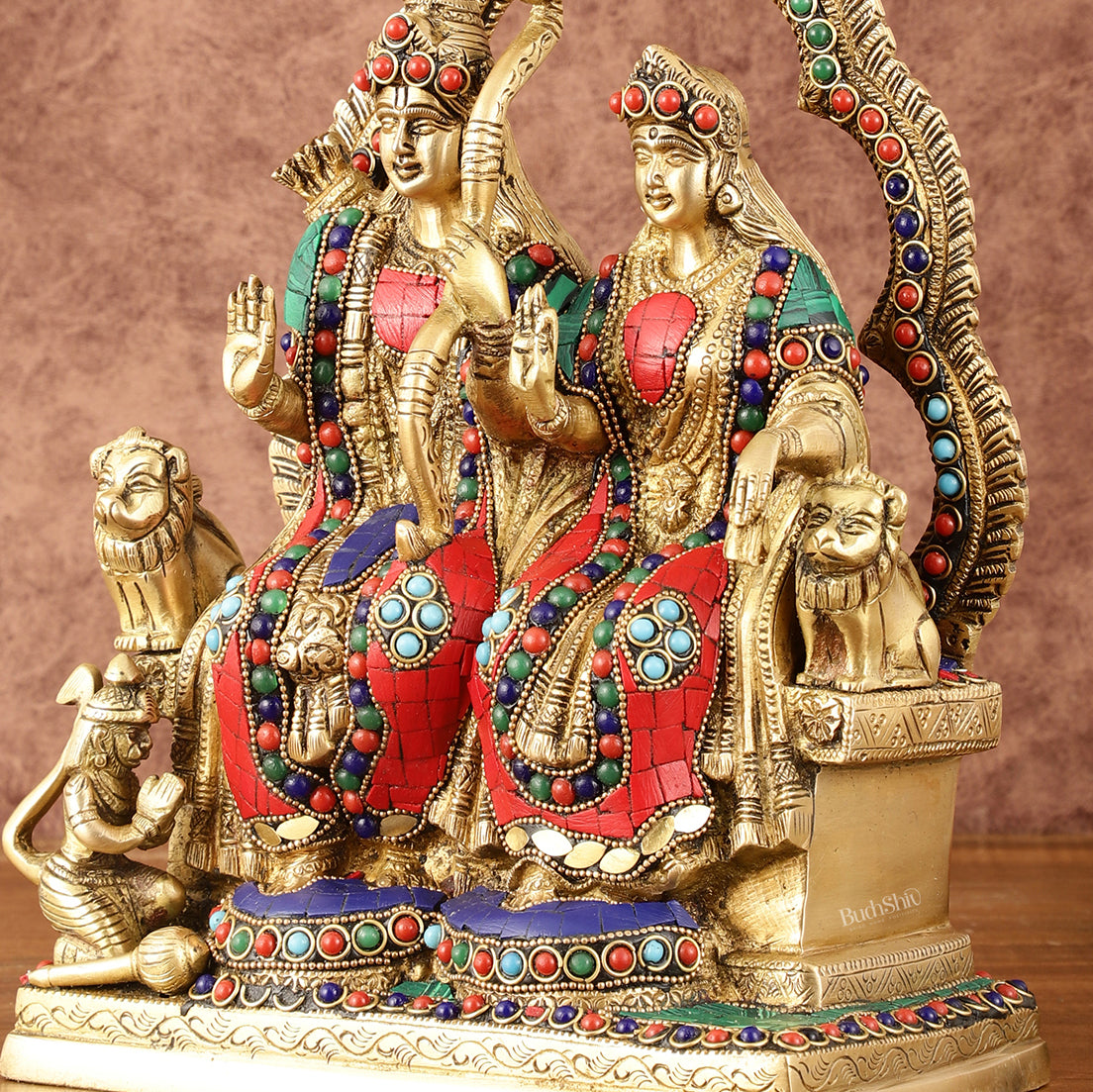 Rama, Sita, and Hanuman brass idol | 11" Height with stonework