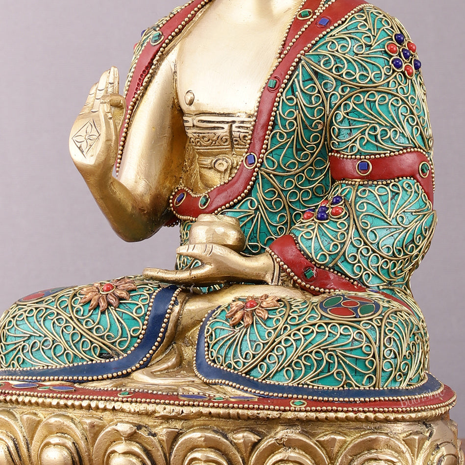 Brass Buddha Statue with Stonework - 12 inch