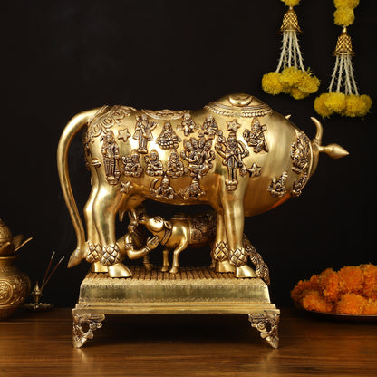 Brass Handcrafted Large Cow with Calf and Hindu Deities 20 inch