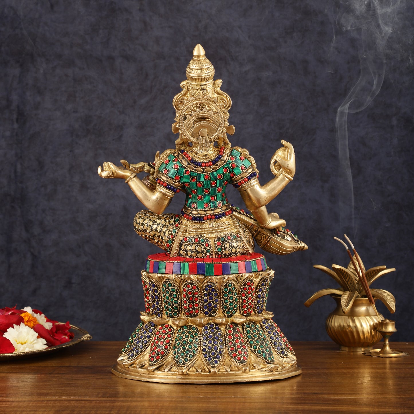 Brass Saraswati Statue | 14.5" Height | meenakari