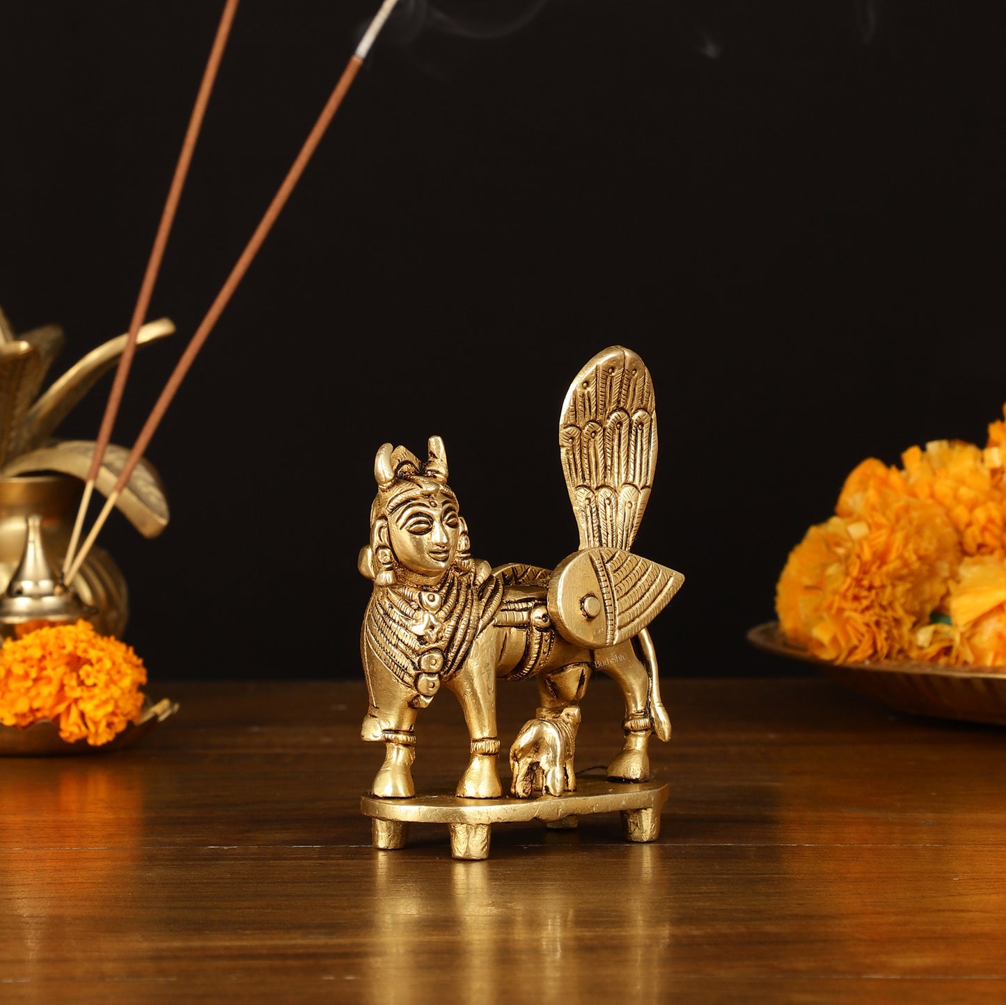 Pure Brass Superfine Kamadhenu Cow with Calf Idol - 3.5" Divine Sculpture