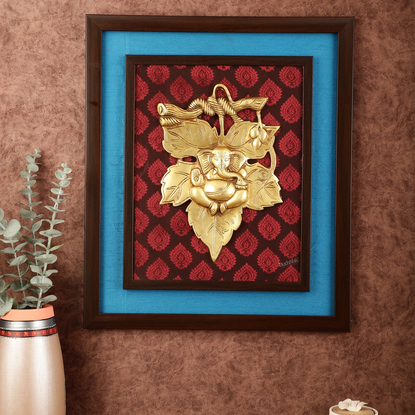 Brass Ganesha Mural on Wooden Frame with Premium Fabric - 18.5" x 16"