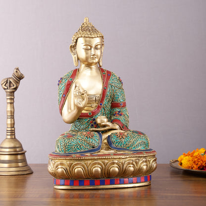 Brass Buddha Statue with Stonework - 12 inch