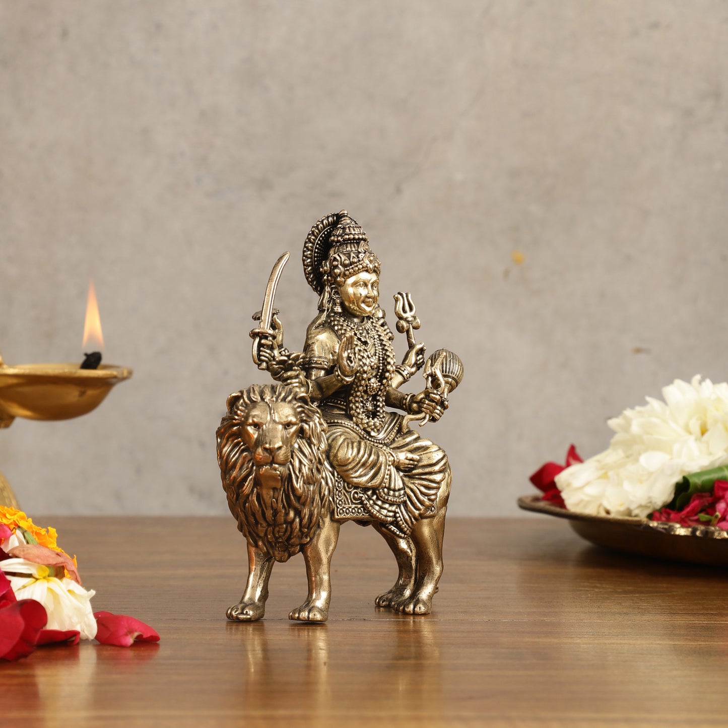 Pure Brass Superfine Durga on Lion Idol - 5 in Height