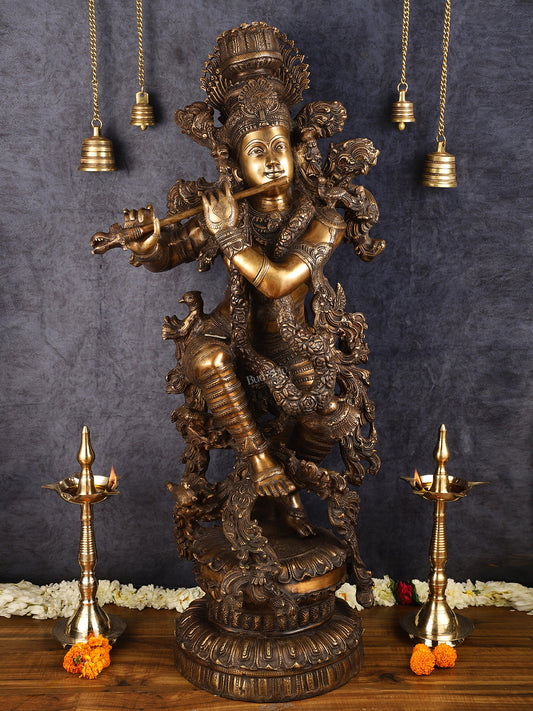 Handcrafted Large Lord Krishna Brass Sculpture - 43 inch/3.75 feet