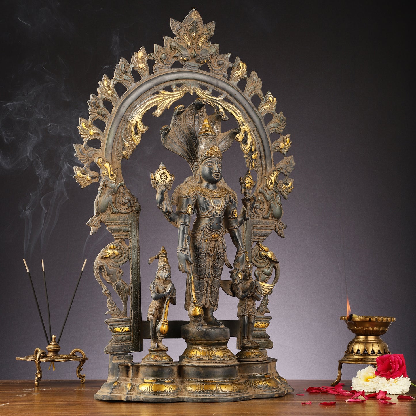 Brass Superfine Lord Vishnu with Garuda and Hanuman Idol - 24"