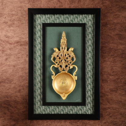 Unique Brass Diya on Wooden Frame with Premium Fabric | 18.5 Inch Wall Hanging