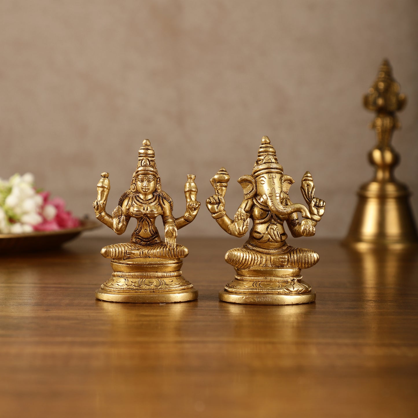 Pure Brass Small Lord Ganesha and Goddess Lakshmi Idol Pair | 3.5 Inch