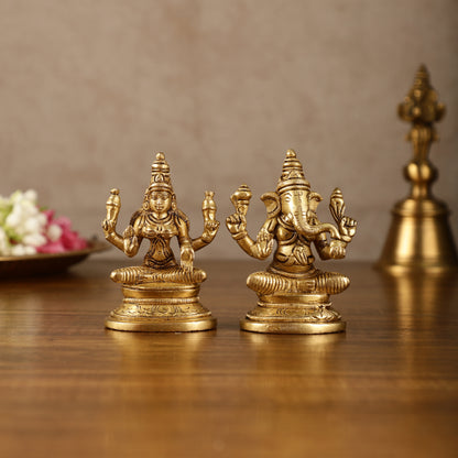 Pure Brass Small Lord Ganesha and Goddess Lakshmi Idol Pair | 3.5 Inch