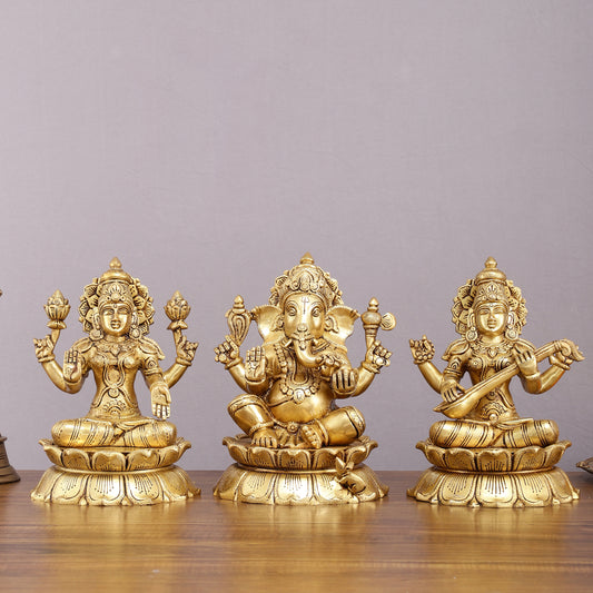 Brass superfine Ganesha, Lakshmi, and Saraswati Statues 9"