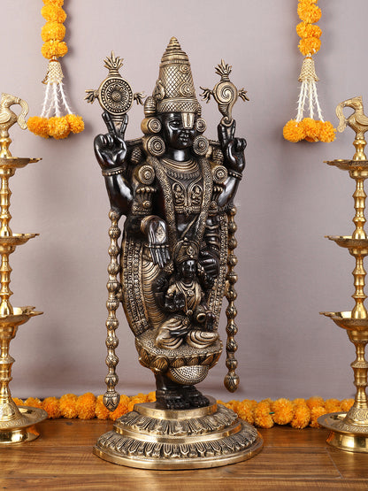 Pure Brass Lord Tirupati Balaji Statue with Goddess Padmavathi Engraved - 34.5 Inch