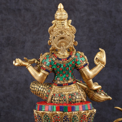 Brass Saraswati Statue | 14.5" Height | meenakari