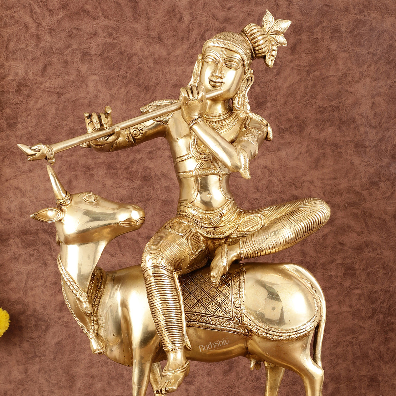 Brass Venugopal Krishna Seated on Cow Statue - 21"