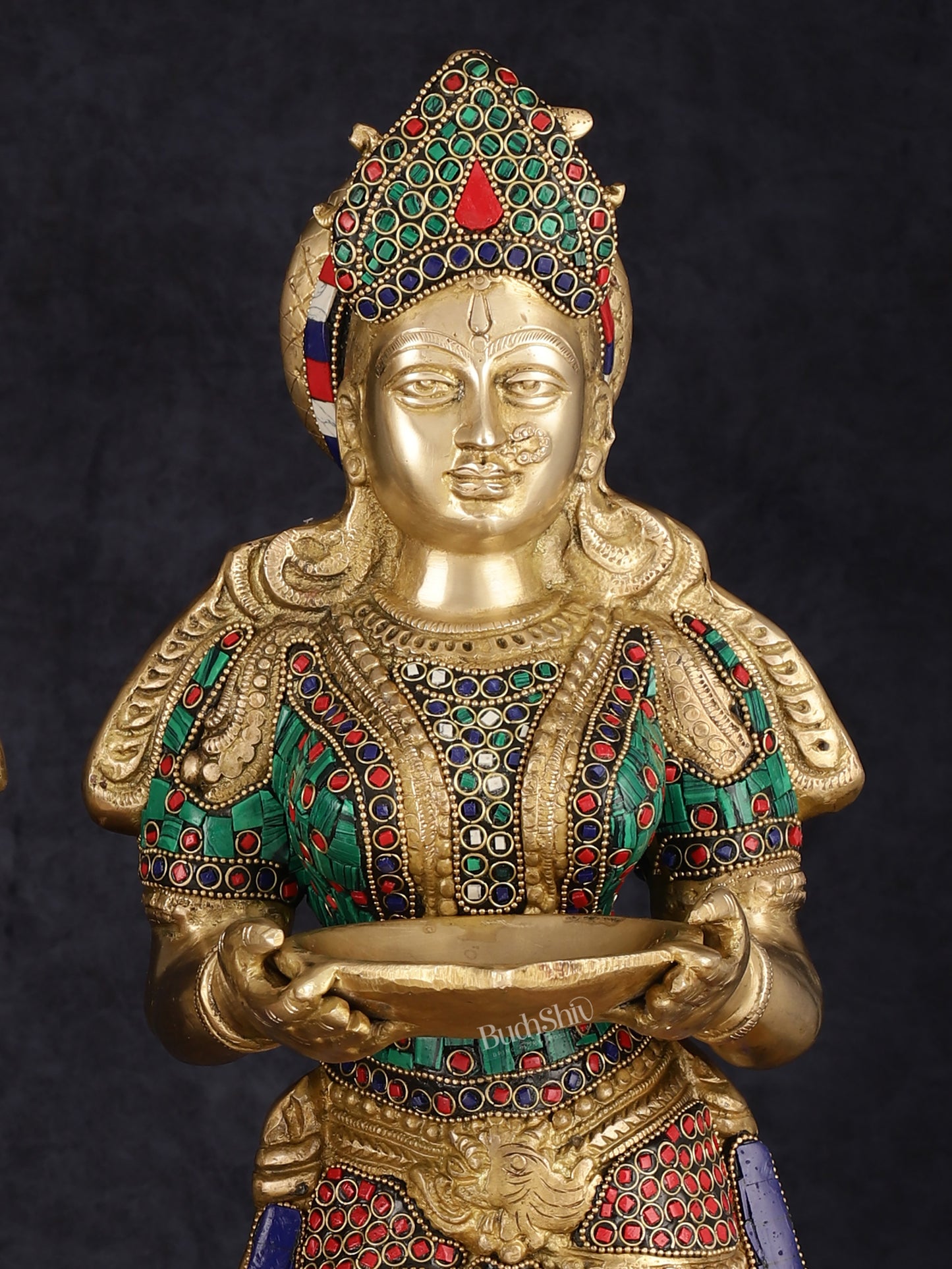 Brass Deep Lakshmi Pavaai Villaku with Intricate Stonework, 23" Height