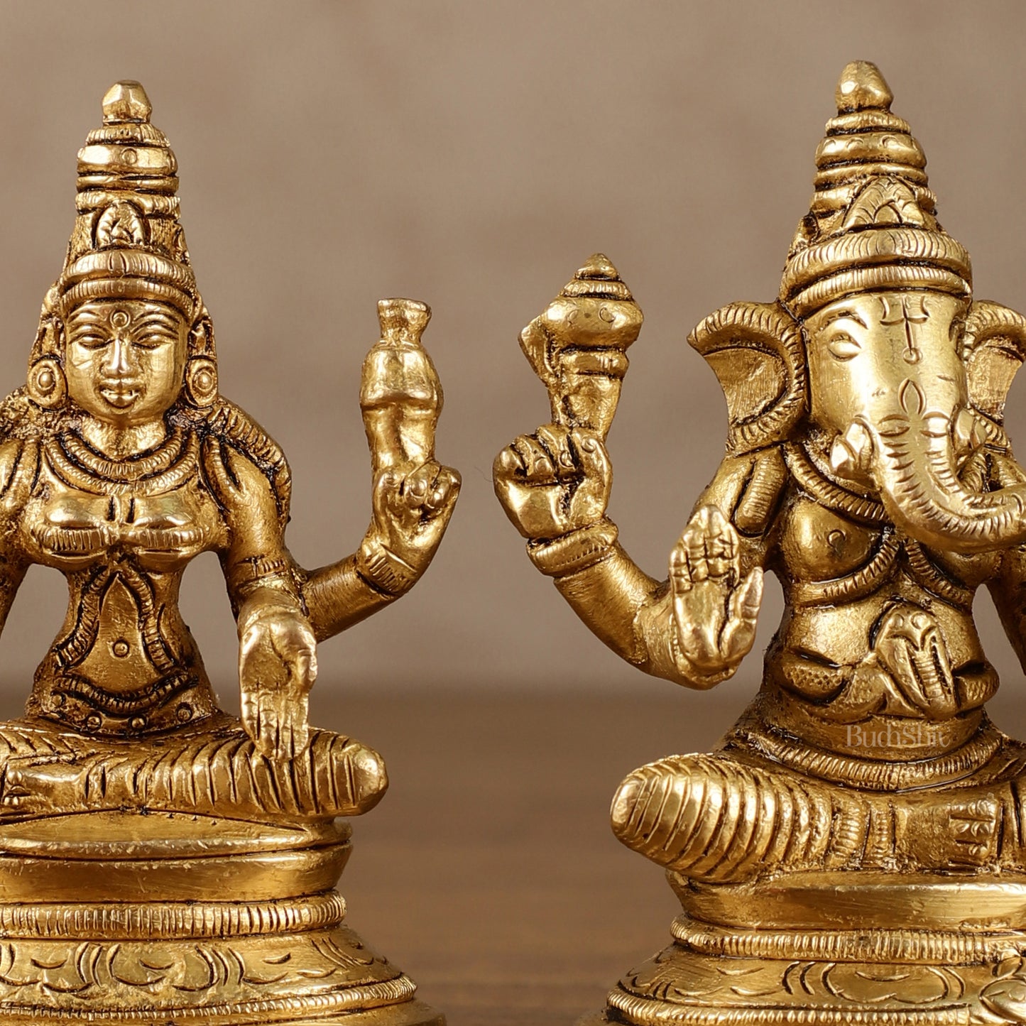 Pure Brass Small Lord Ganesha and Goddess Lakshmi Idol Pair | 3.5 Inch