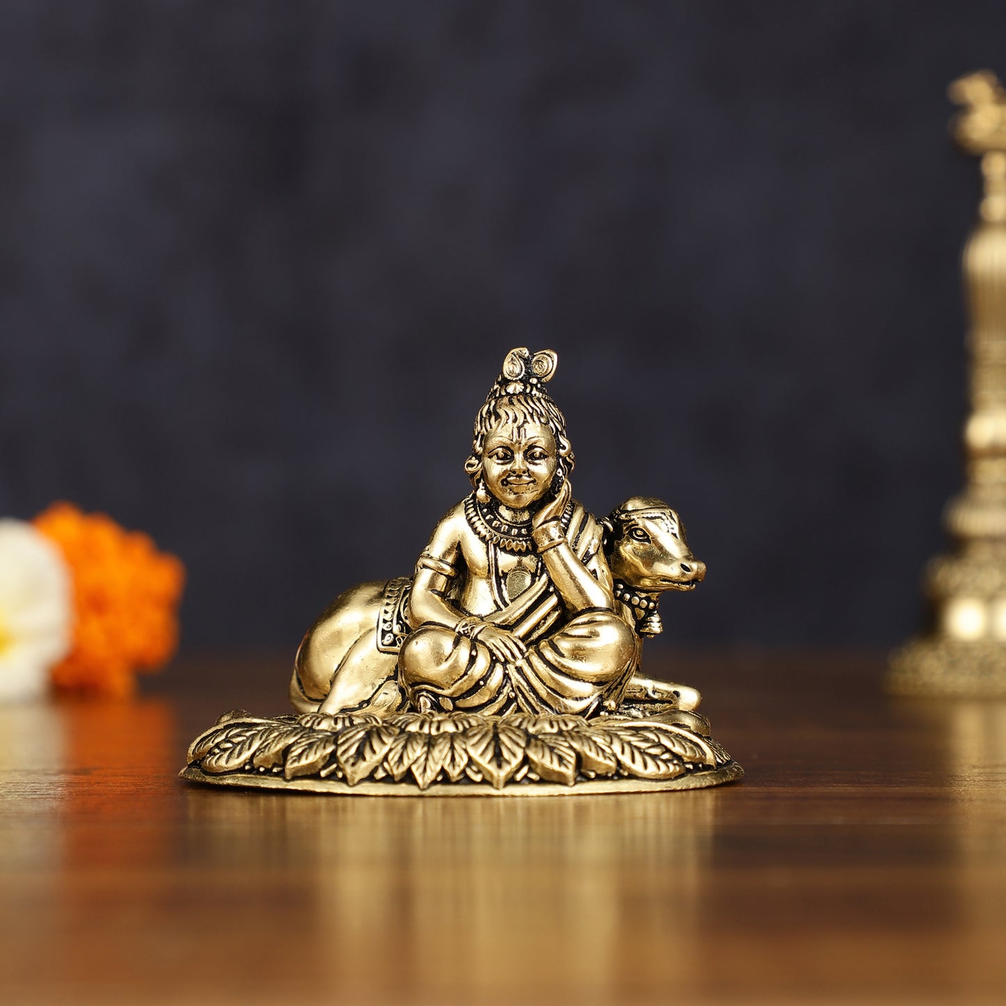 Brass Superfine Intricately Carved Bal Gopal Shri Krishna with Cow Idol