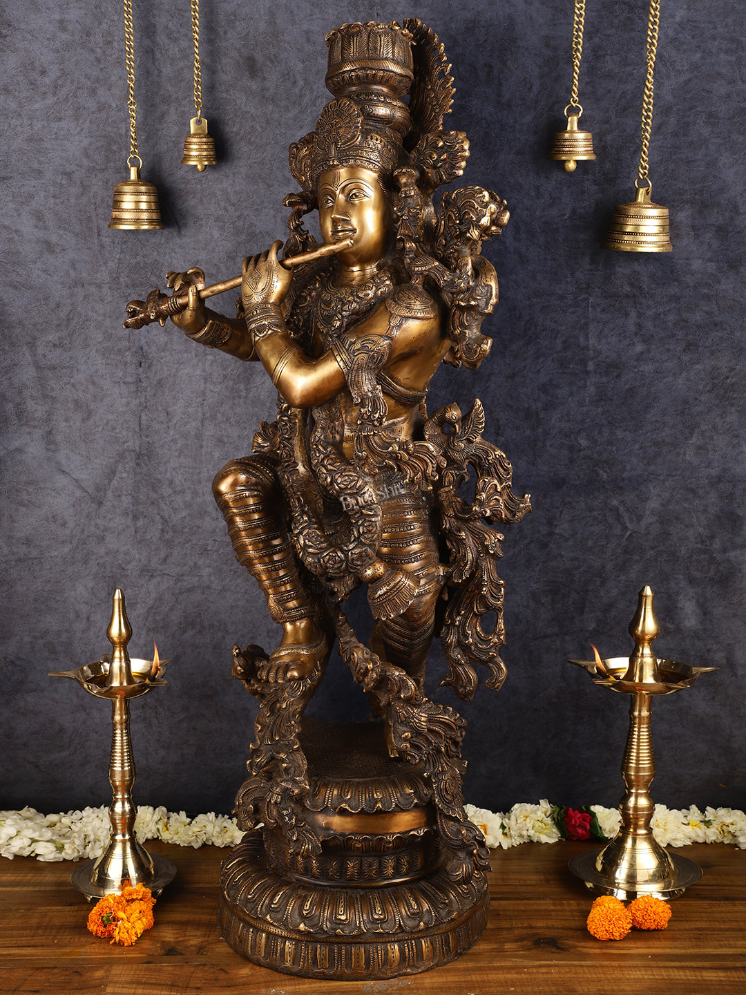 Handcrafted Large Lord Krishna Brass Sculpture - 43 inch/3.75 feet