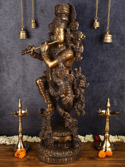 Handcrafted Large Lord Krishna Brass Sculpture - 43 inch/3.75 feet