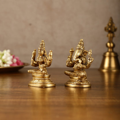 Pure Brass Small Lord Ganesha and Goddess Lakshmi Idol Pair | 3.5 Inch