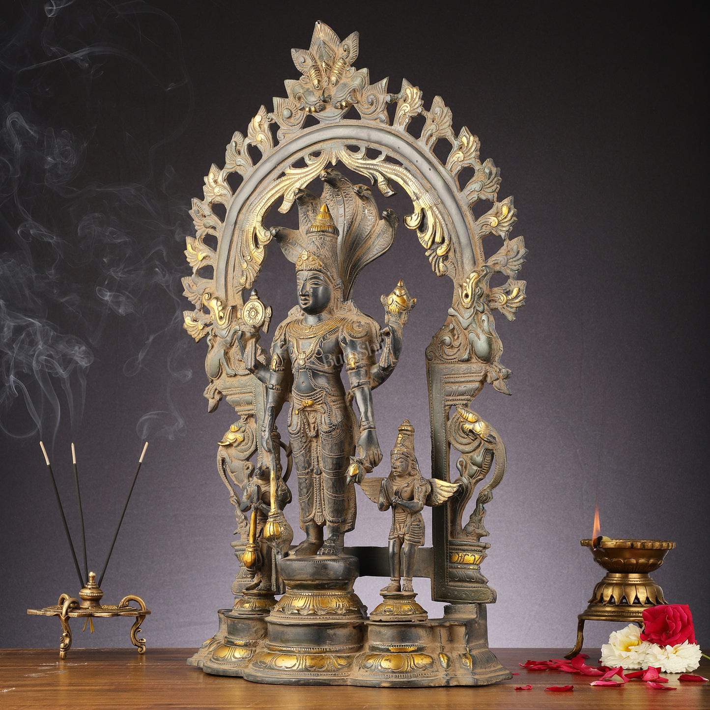 Brass Superfine Lord Vishnu with Garuda and Hanuman Idol - 24"