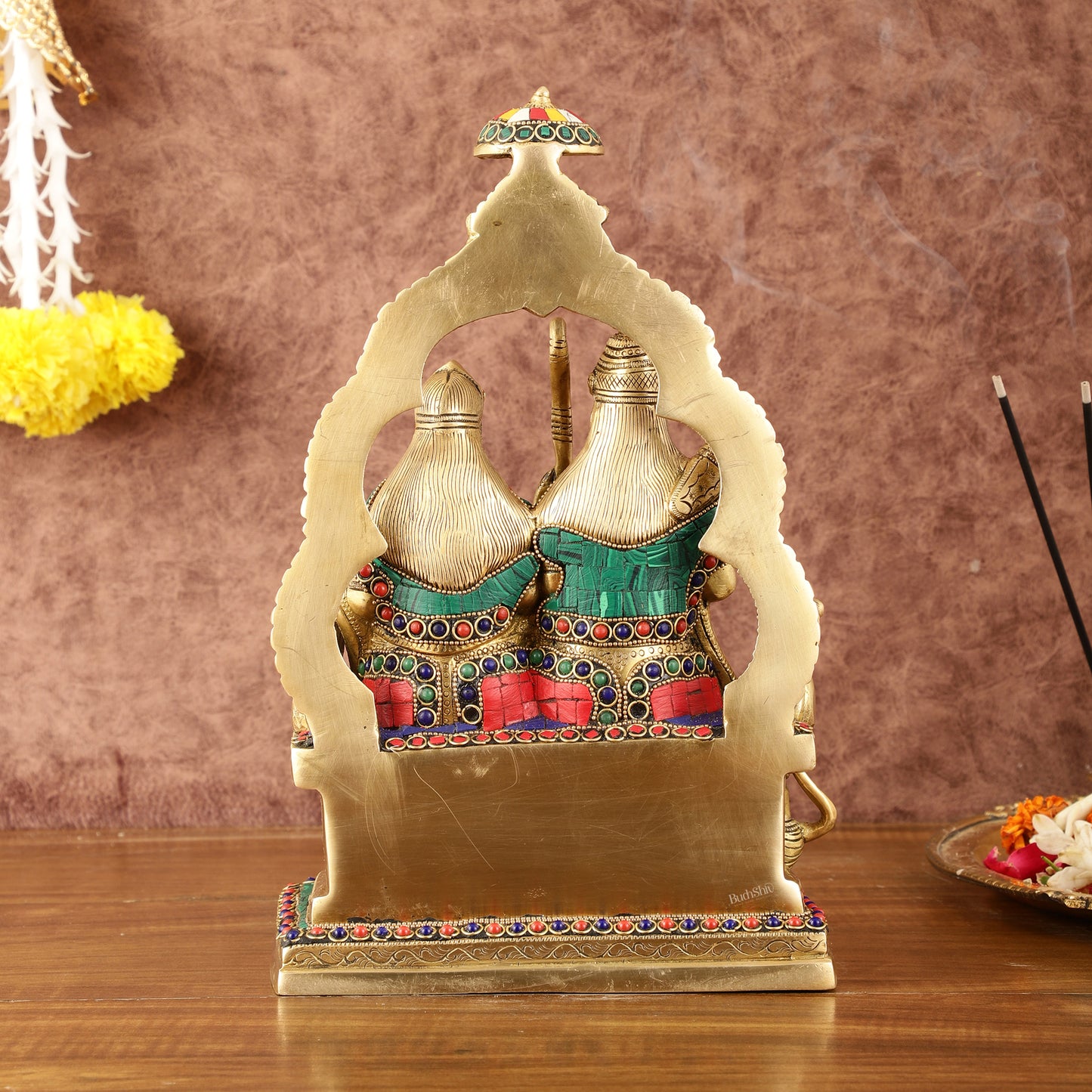 Rama, Sita, and Hanuman brass idol | 11" Height with stonework