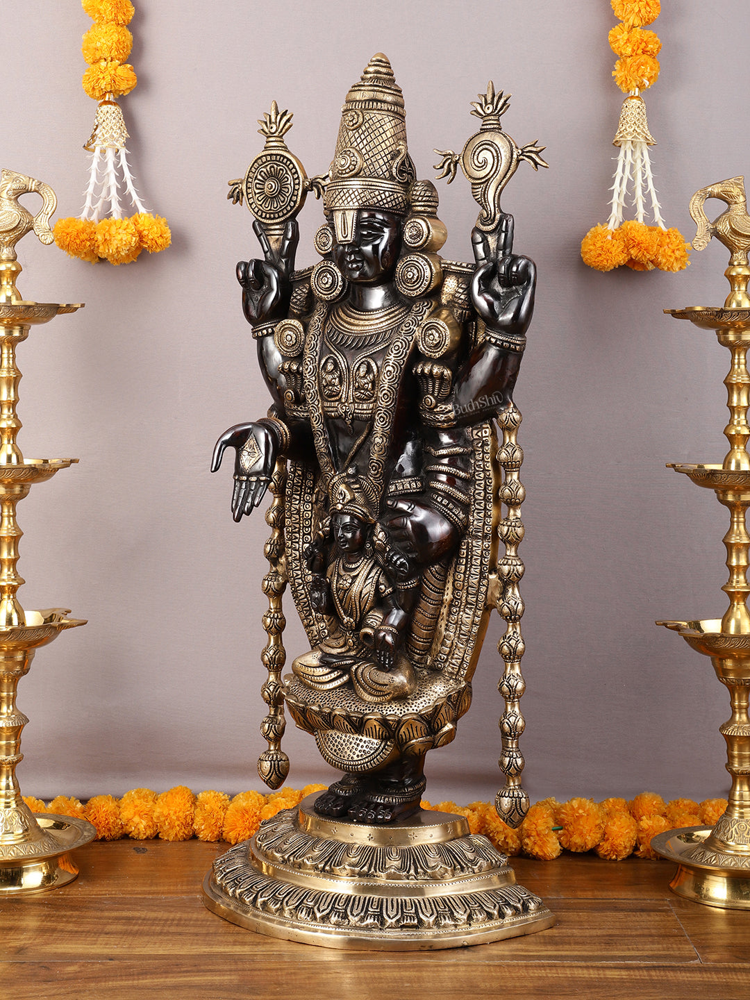 Pure Brass Lord Tirupati Balaji Statue with Goddess Padmavathi Engraved - 34.5 Inch