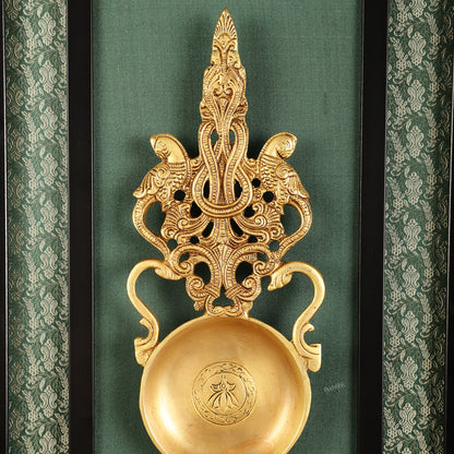 Unique Brass Diya on Wooden Frame with Premium Fabric | 18.5 Inch Wall Hanging