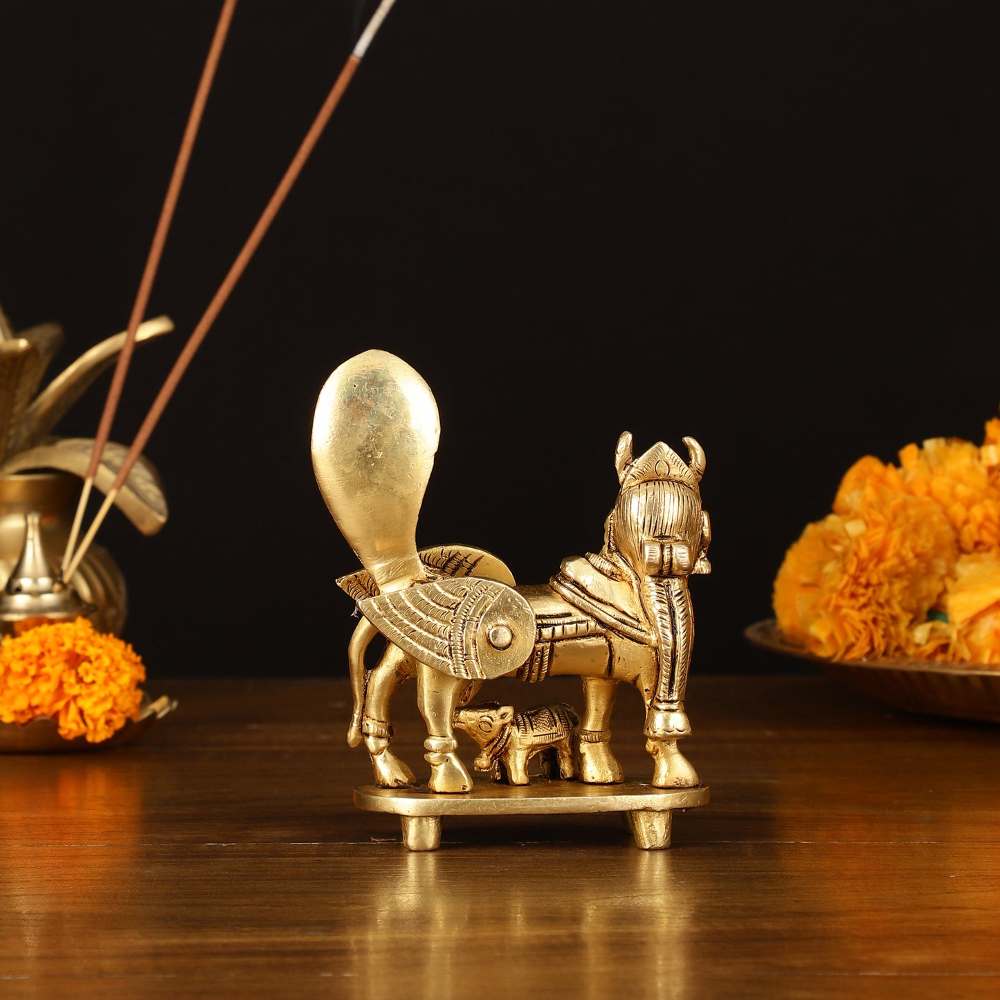 Pure Brass Superfine Kamadhenu Cow with Calf Idol - 3.5" Divine Sculpture