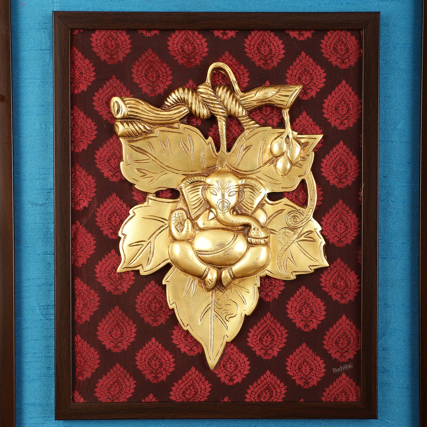 Brass Ganesha Mural on Wooden Frame with Premium Fabric - 18.5" x 16"