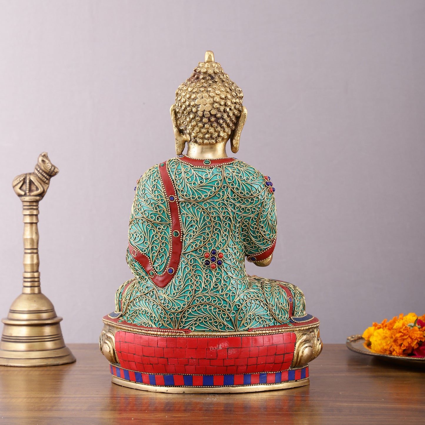 Brass Buddha Statue with Stonework - 12 inch