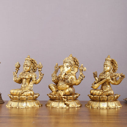 Brass superfine Ganesha, Lakshmi, and Saraswati Statues 9"