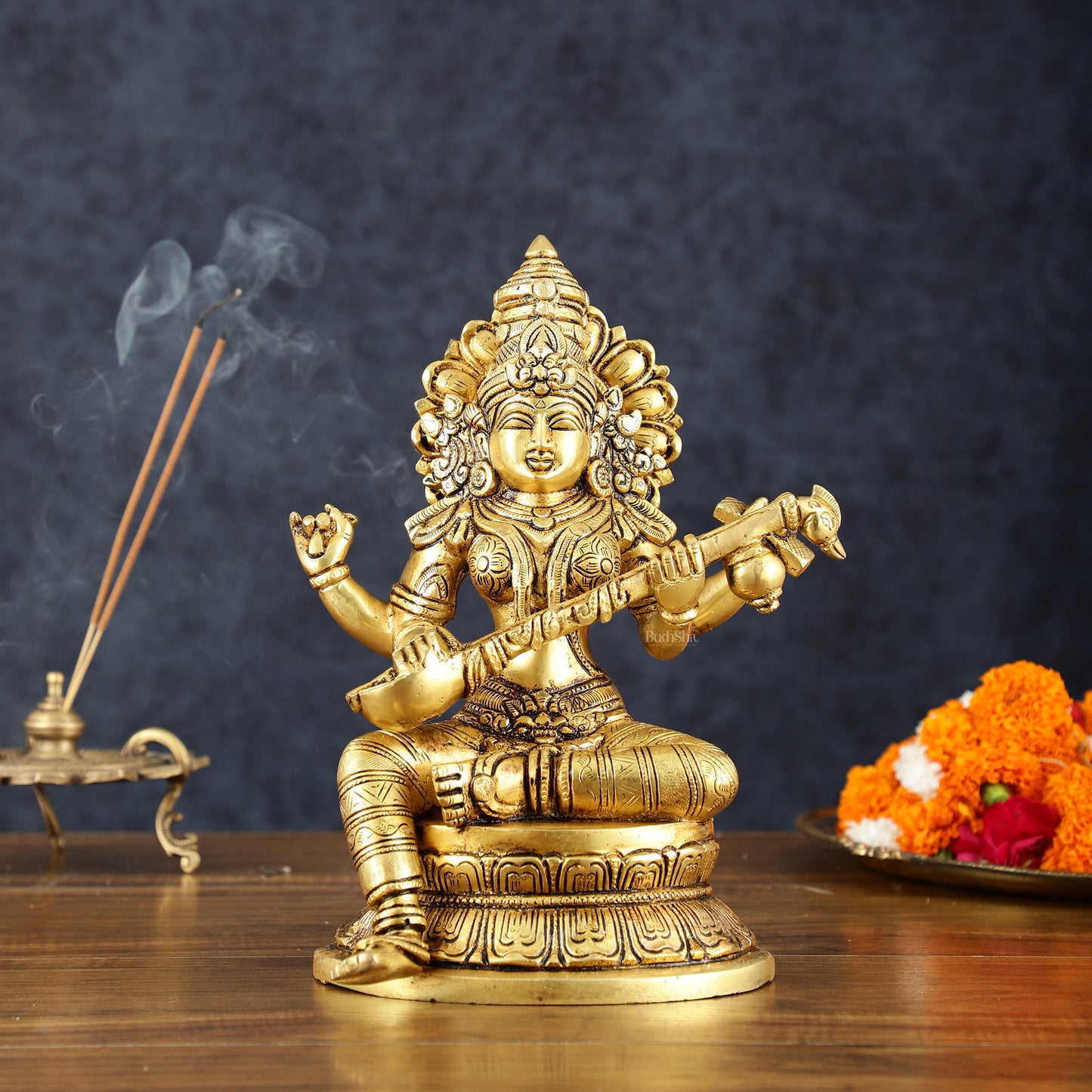 Brass Superfine Goddess Saraswati Statue – 10.5" Height, Finely Detailed