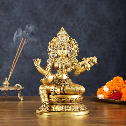 Brass Superfine Goddess Saraswati Statue – 10.5" Height, Finely Detailed