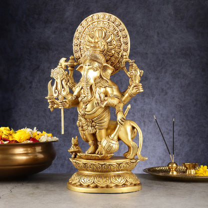 Large Brass Kana Drishti Ganesha Standing with Lion Statue | (18 inch/ 12 kgs)