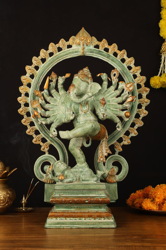 Brass Dancing Ganesha Statue - 25.5" Height, Antique Green Patina Finish